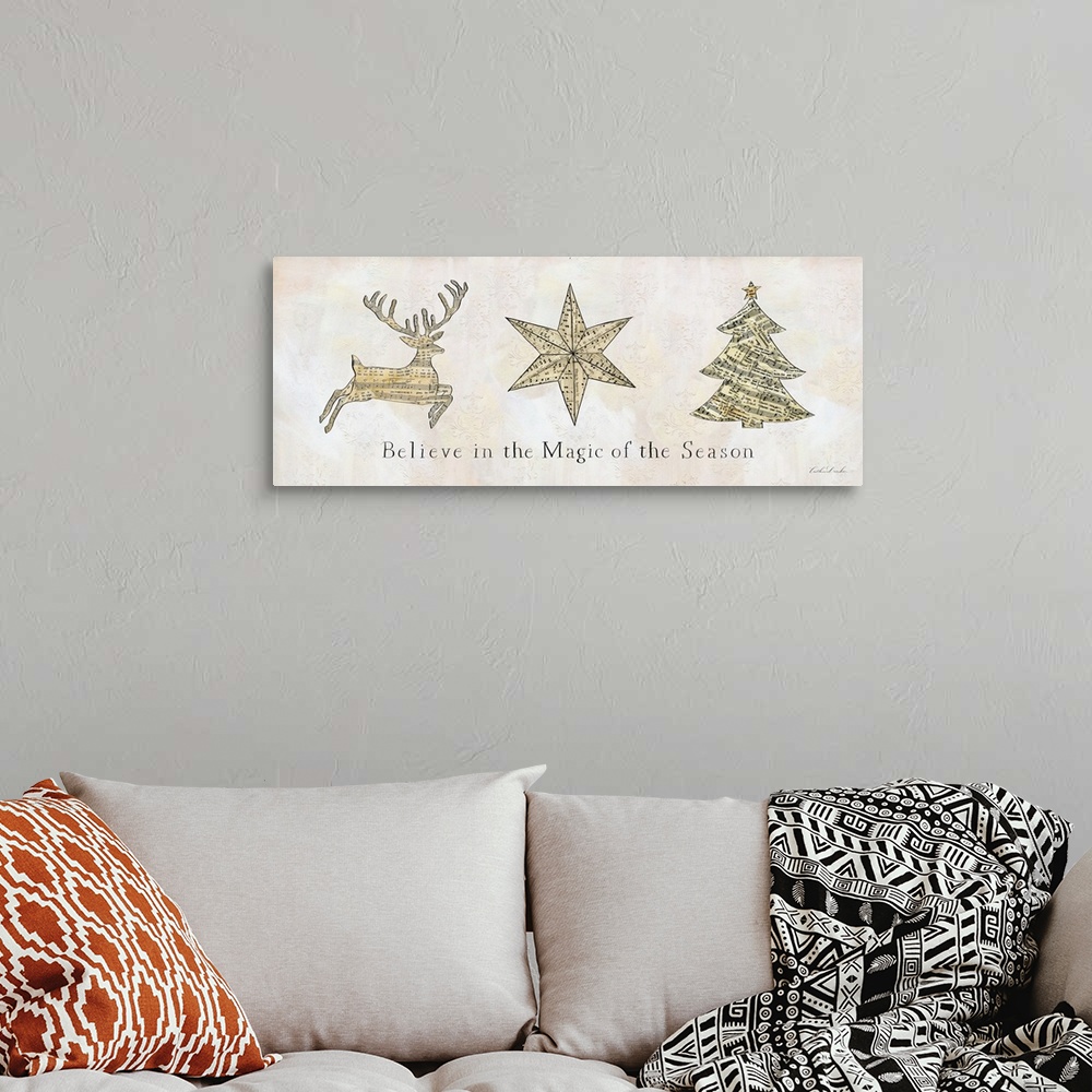 A bohemian room featuring "Believe in the Magic of the Season" along with a deer, star and tree silhouette made of sheet mu...