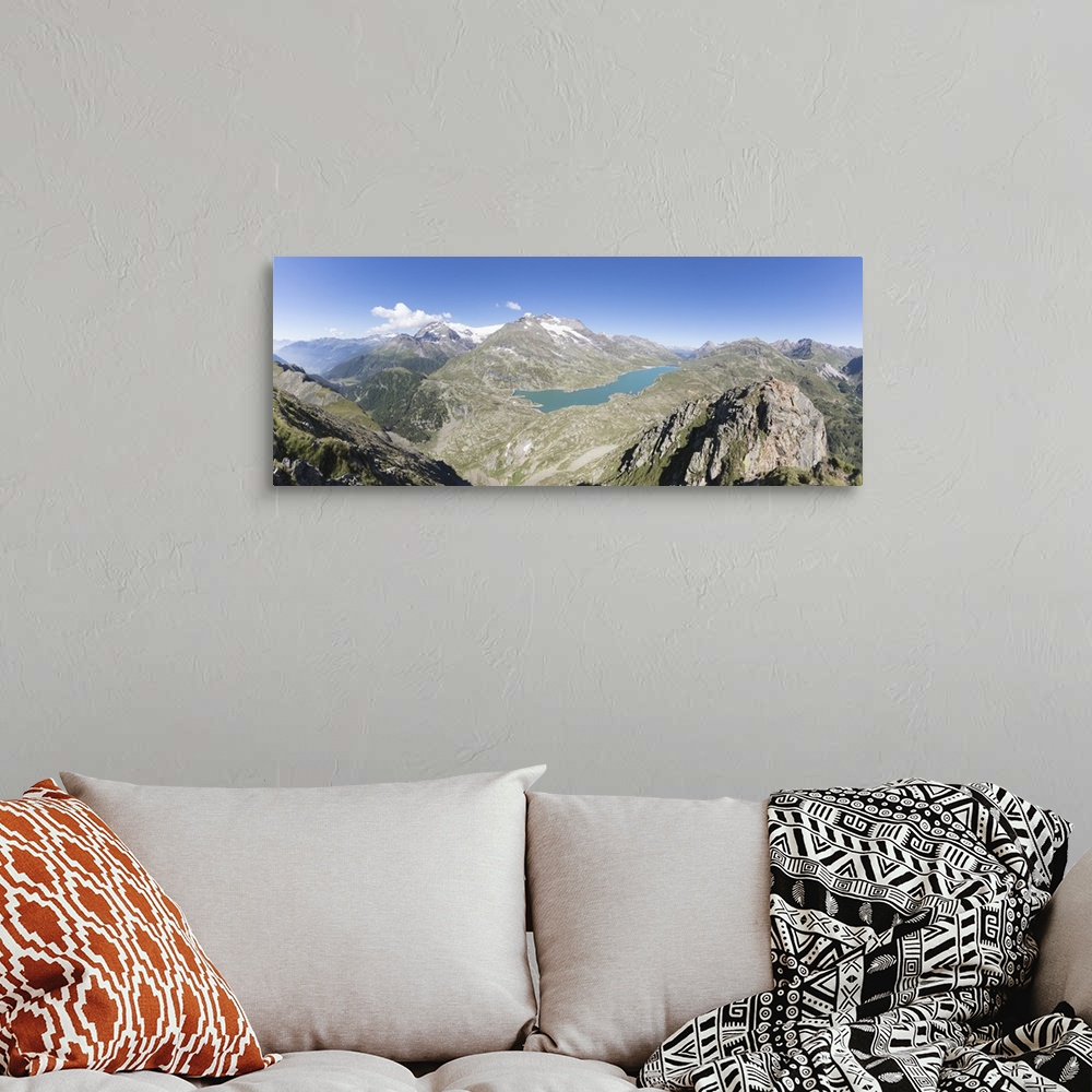 A bohemian room featuring Panorama of the blue Lago Bianco surrounded by high peaks, Bernina Pass, Canton of Graubunden, En...