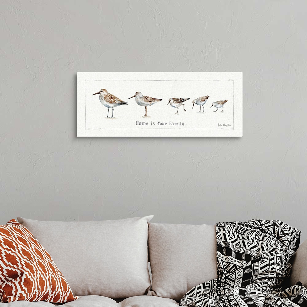 A bohemian room featuring Watercolor painting of a family of sandpipers with the phrase "Home is your family."