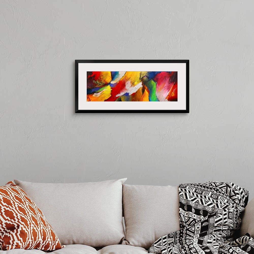 A bohemian room featuring Panoramic abstract art focuses on diagonal lines of movement that are filled with intense colors ...