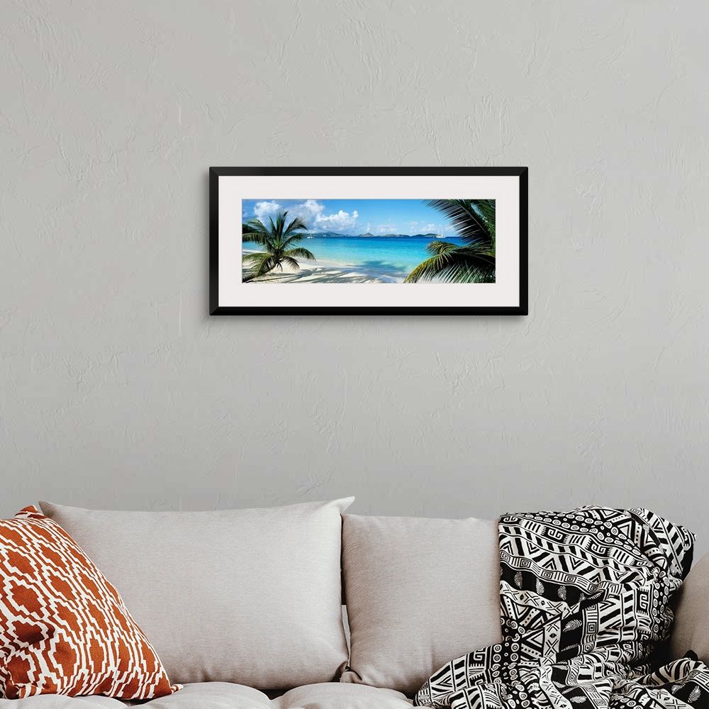 A bohemian room featuring Wide panoramic photograph of windswept trees on a tropical beach with sail boats in the harbor.