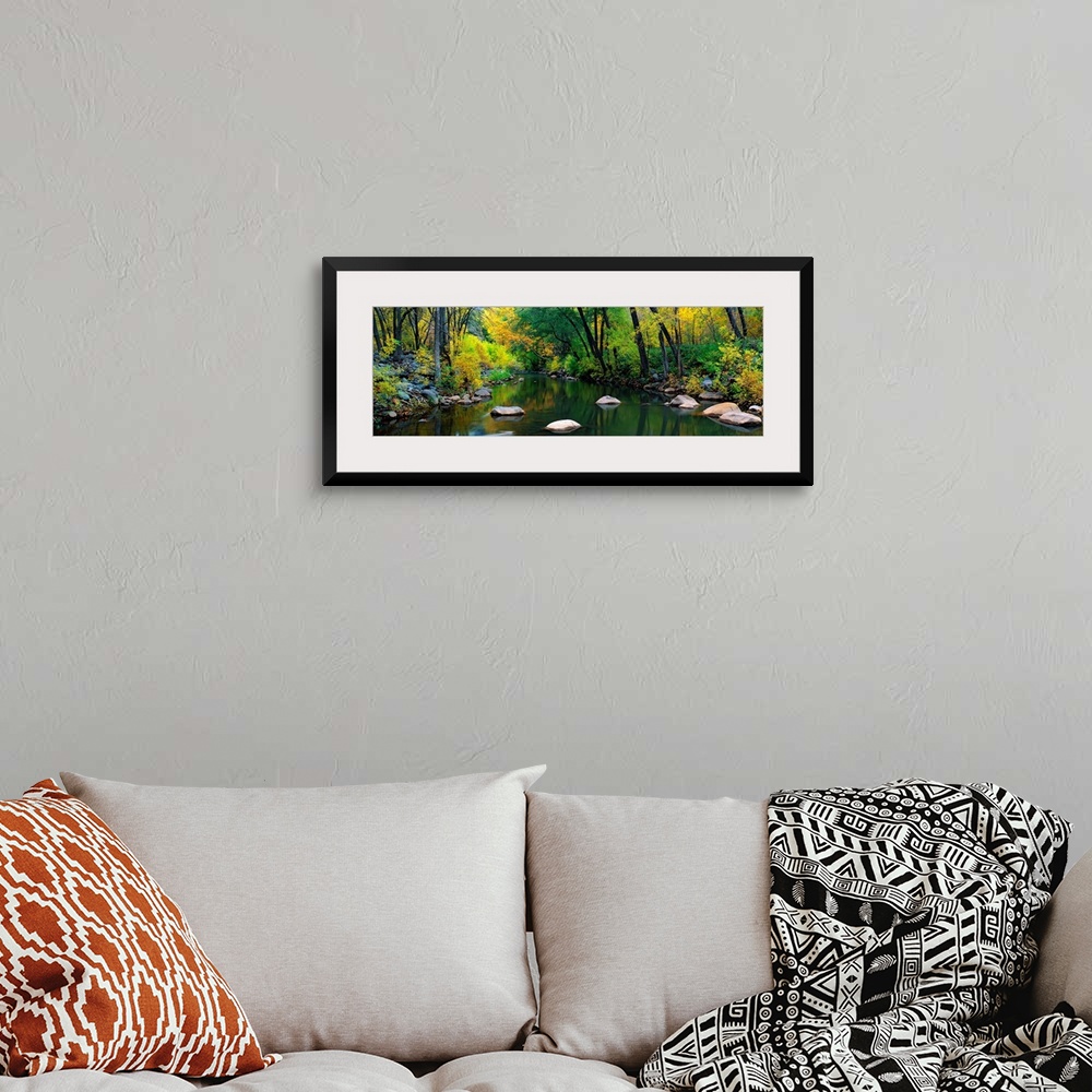 A bohemian room featuring A calm stream flows through a forest in this panoramic landscape photograph.