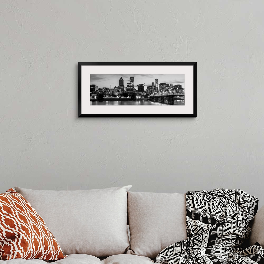 A bohemian room featuring Panoramic photograph of the Portland, Oregon skyline lit up with lights at the beginning of sunse...