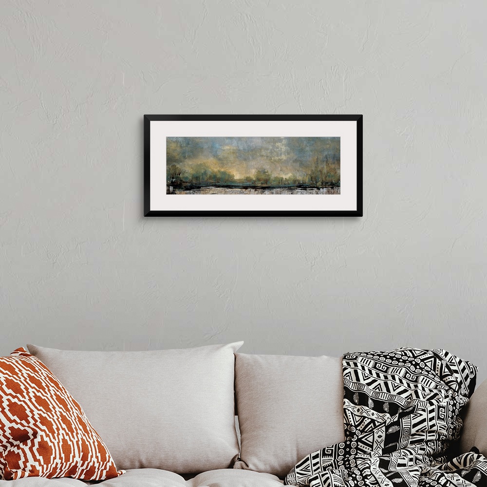 A bohemian room featuring Contemporary painting of a landscape in a dark pale tones.