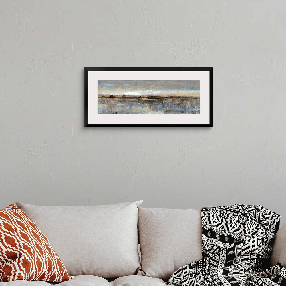 A bohemian room featuring This long, panoramic abstract painting is reminiscent of a coastal landscape. Impressionist-style...