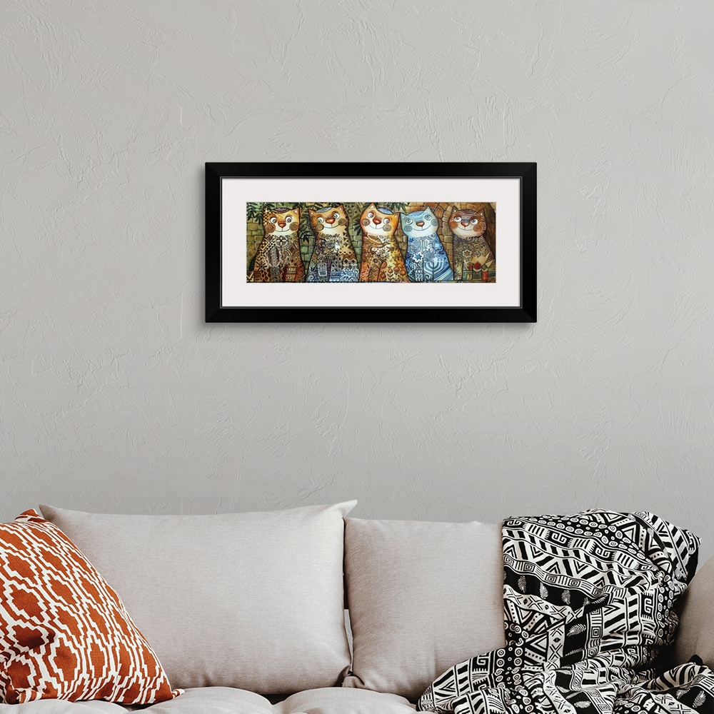A bohemian room featuring Five cats in a row, all with delicate floral patterns.