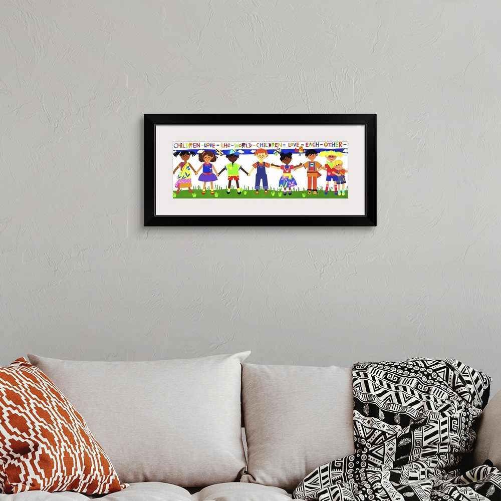 A bohemian room featuring Illustration of several children of different ethnicities holding hands.