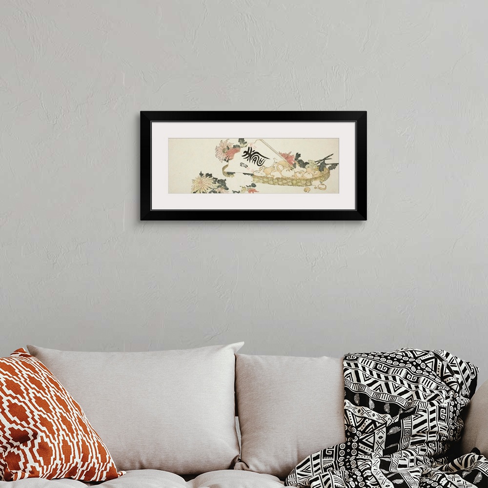 A bohemian room featuring An Autumn Gift, colour woodblock print; surimono.