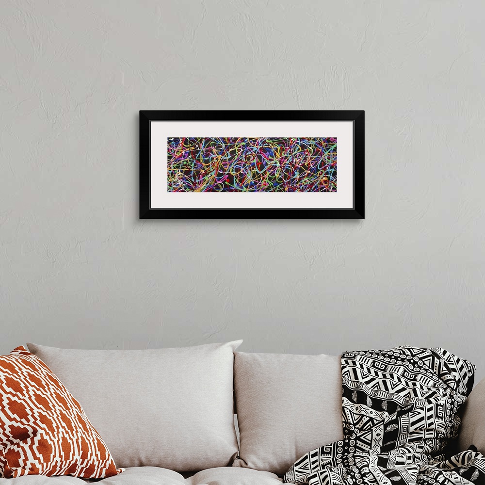 A bohemian room featuring A contemporary abstract painting of a very busy interlocking web of neon colors in thin string-li...