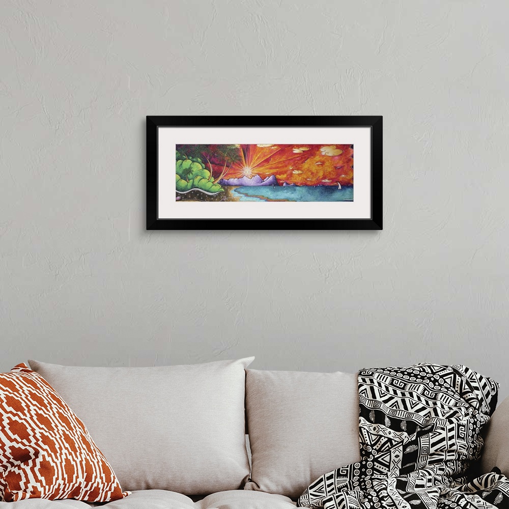 A bohemian room featuring Contemporary painting of the sun setting over a tropical paradise.