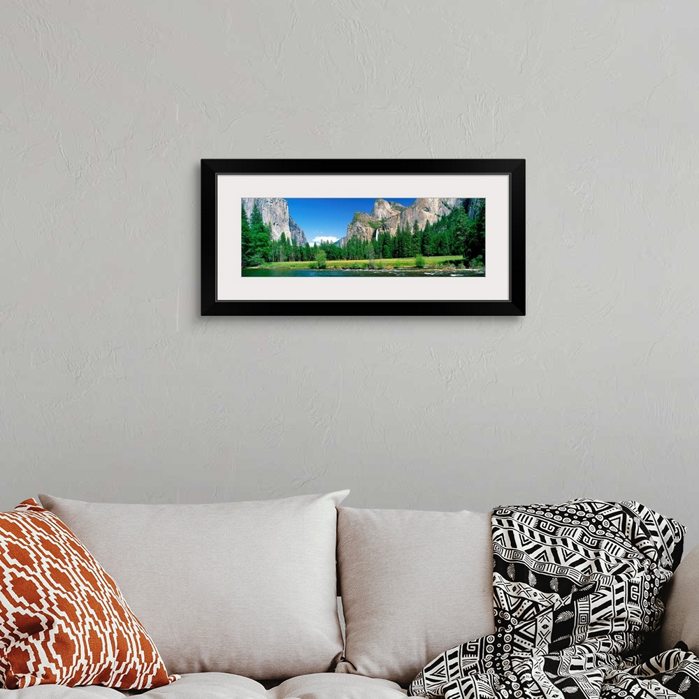 A bohemian room featuring Wall art for the home or office a panoramic landscape photograph of a river and meadow in the Yos...