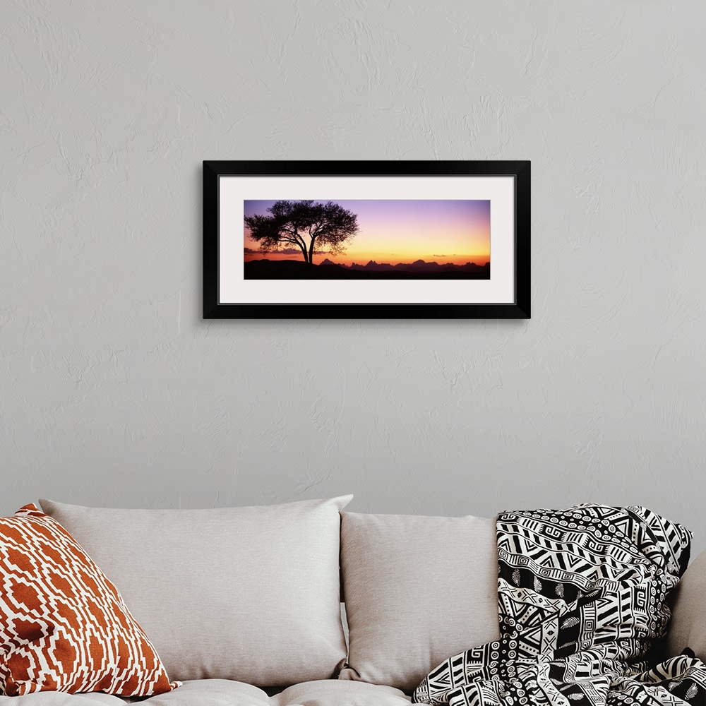 A bohemian room featuring Panoramic photograph of tree silhouette with mountains in the distance at sunset.