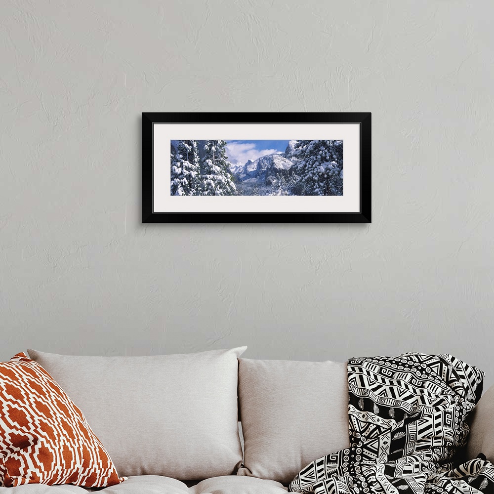 A bohemian room featuring Mountains and waterfall in snow, Tunnel View, El Capitan, Half Dome, Bridal Veil, Yosemite Nation...
