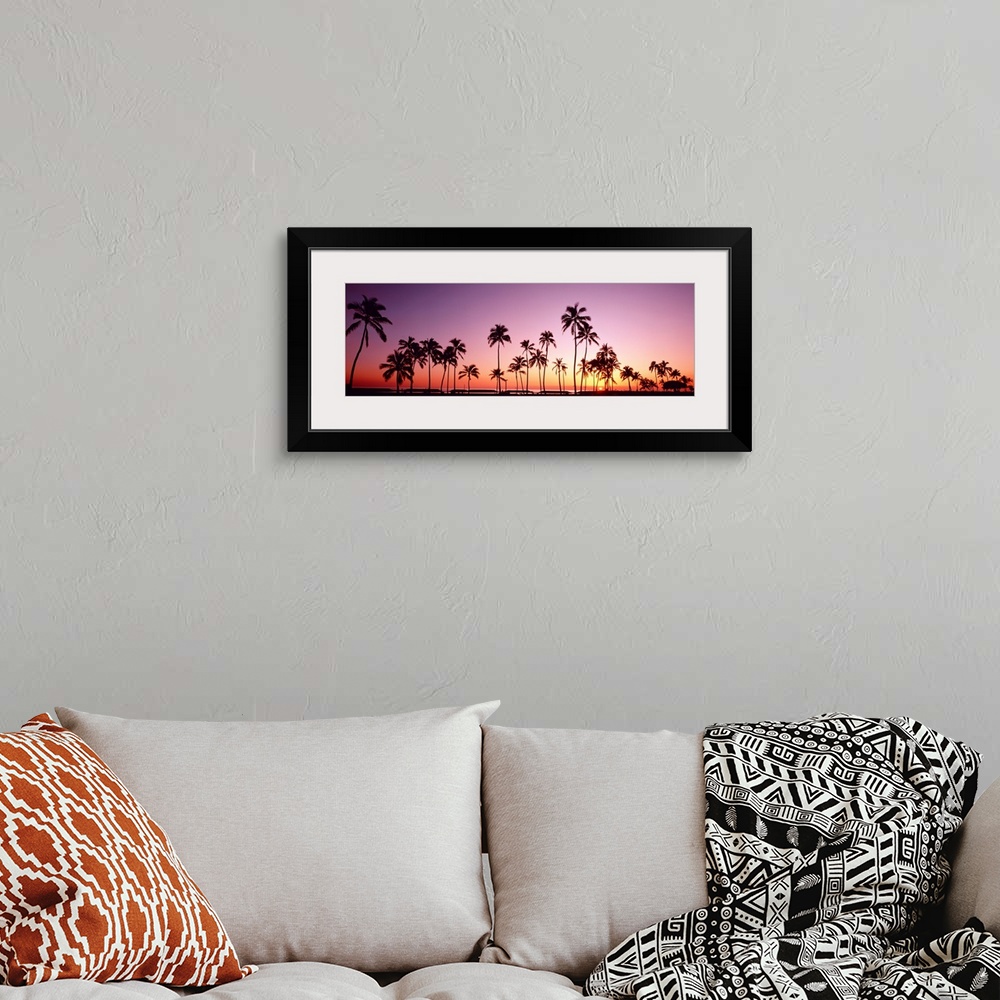 A bohemian room featuring This panoramic photograph shows several silhouettes of trees clustered around the shoreline of th...