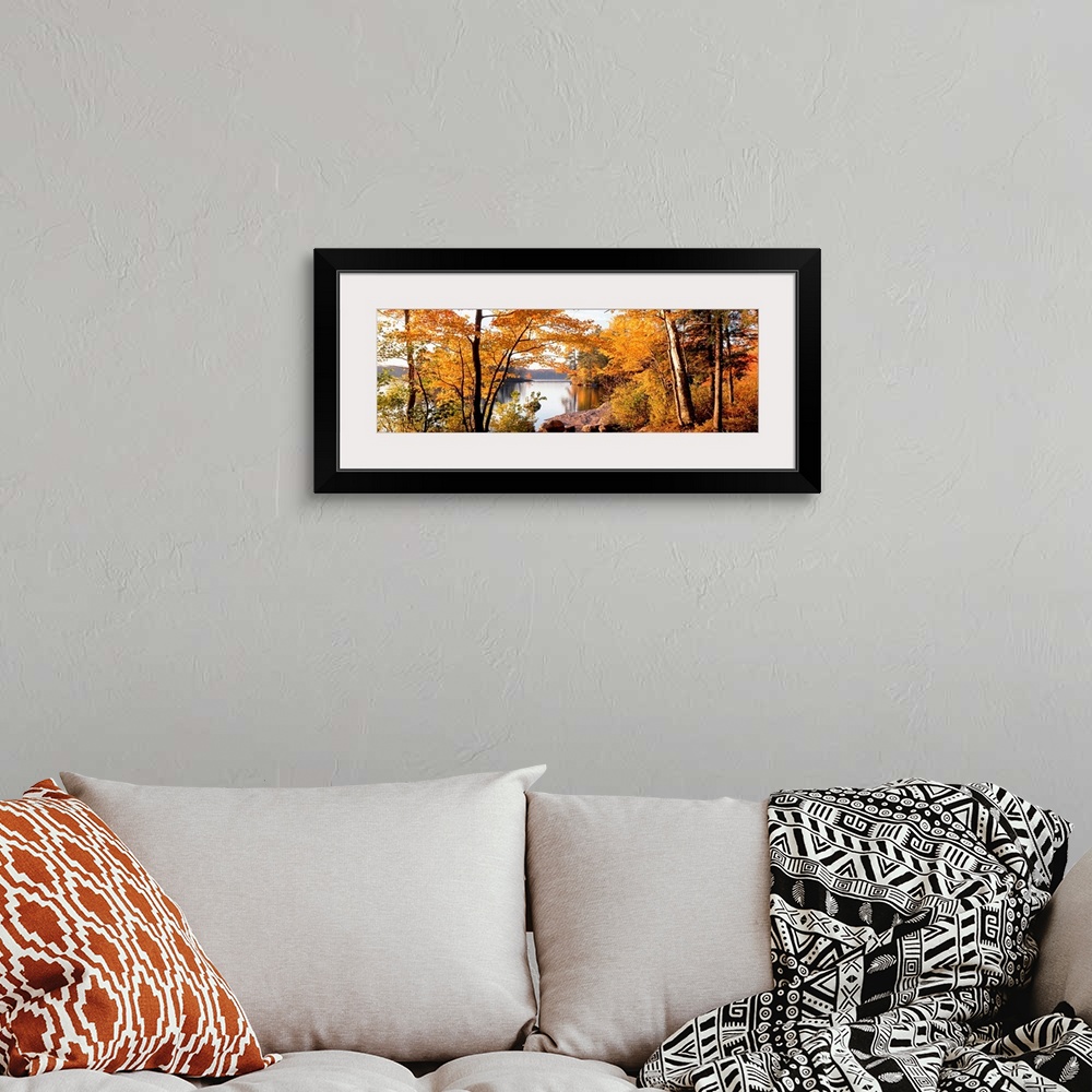 A bohemian room featuring Fall foliage frames a panoramic landscape of a lake with calm smooth water.