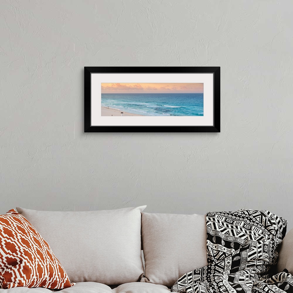 A bohemian room featuring Panoramic aerial photograph of the ocean in Cancun, Mexico at sunset. From the Viva Mexico Panora...