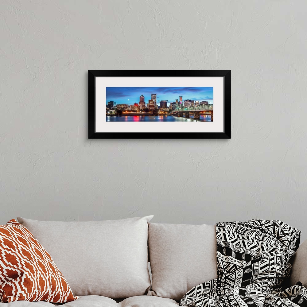 A bohemian room featuring Panoramic photograph of a saturated Portland, Oregon skyline at sunset reflecting onto the Willam...