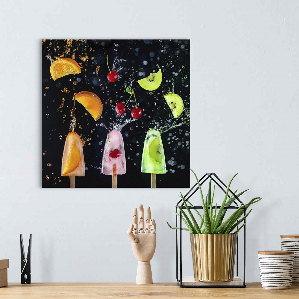 A bohemian room featuring Popsicles with fresh cherries, orange slices and kiwi fruit on a dark background, dynamic shot wi...