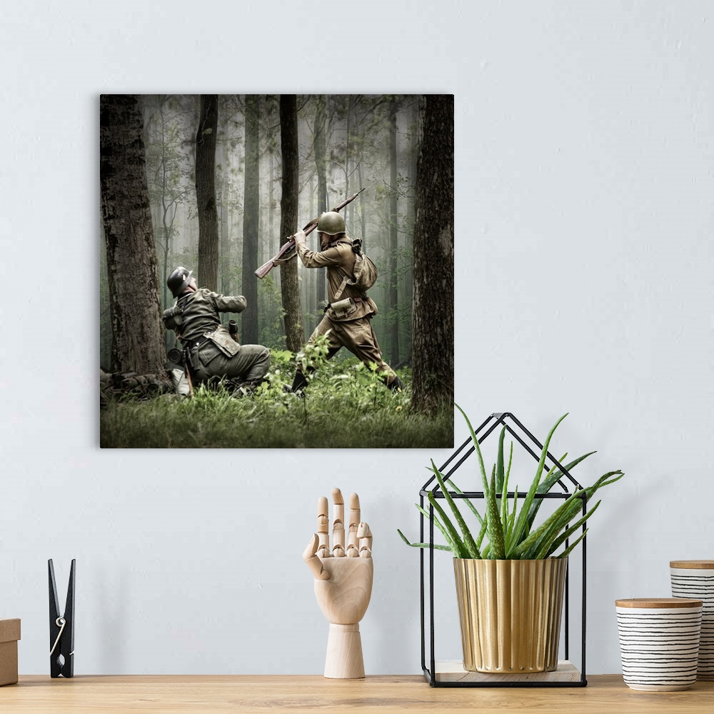 A bohemian room featuring Two soldiers engaged in combat in the forest.