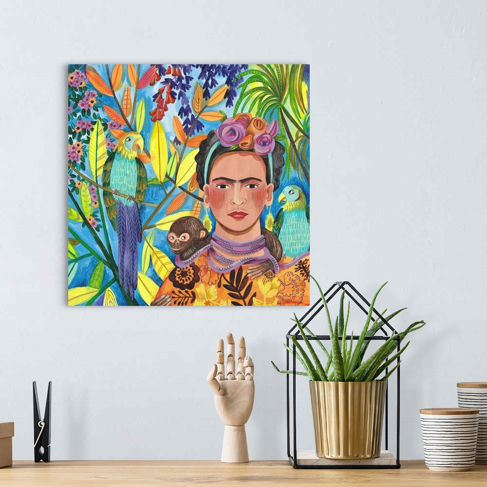 A bohemian room featuring Frida And Her Parrots