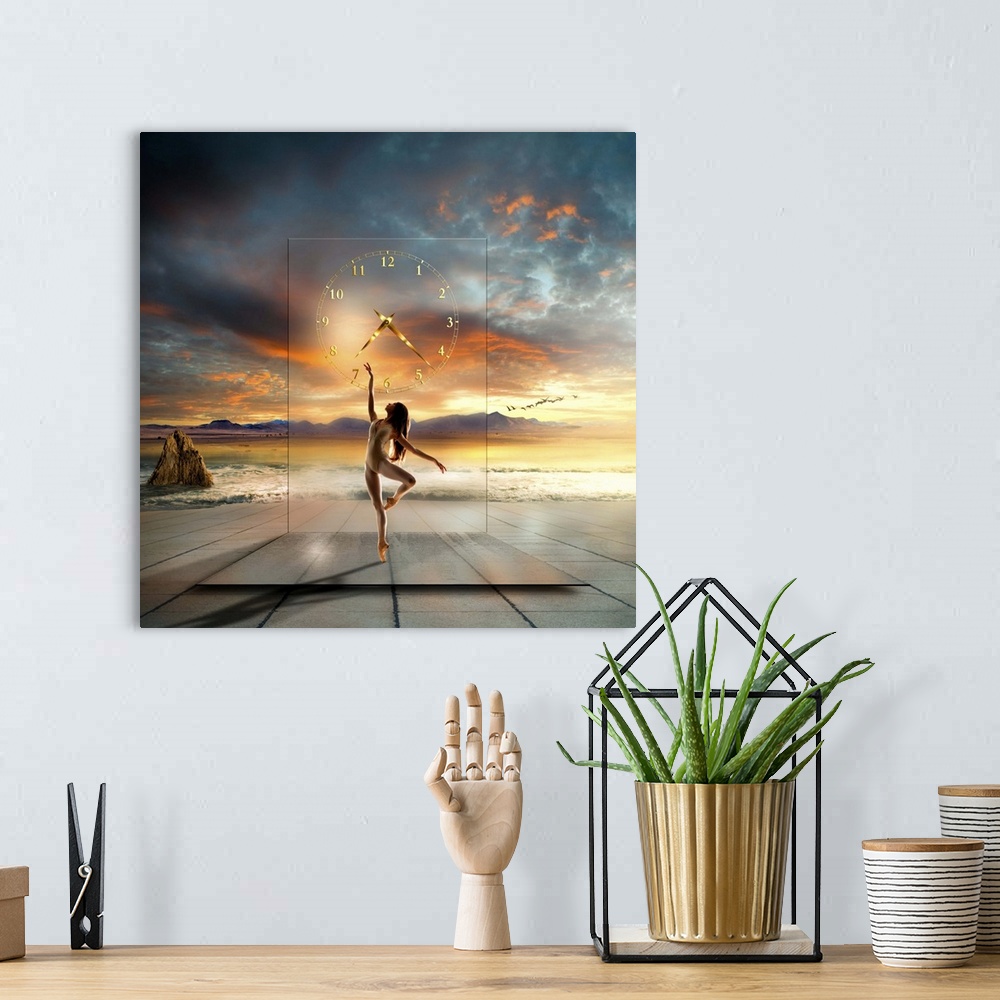 A bohemian room featuring Conceptual image of a ballet dancer in front of a translucent clock with the ocean in the backgro...