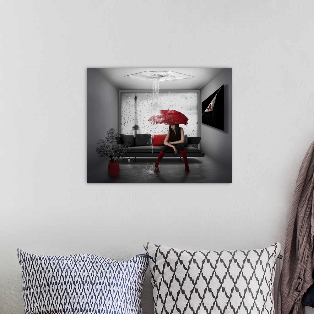 A bohemian room featuring Conceptual image of a woman with a red umbrella in a room filling up with water.