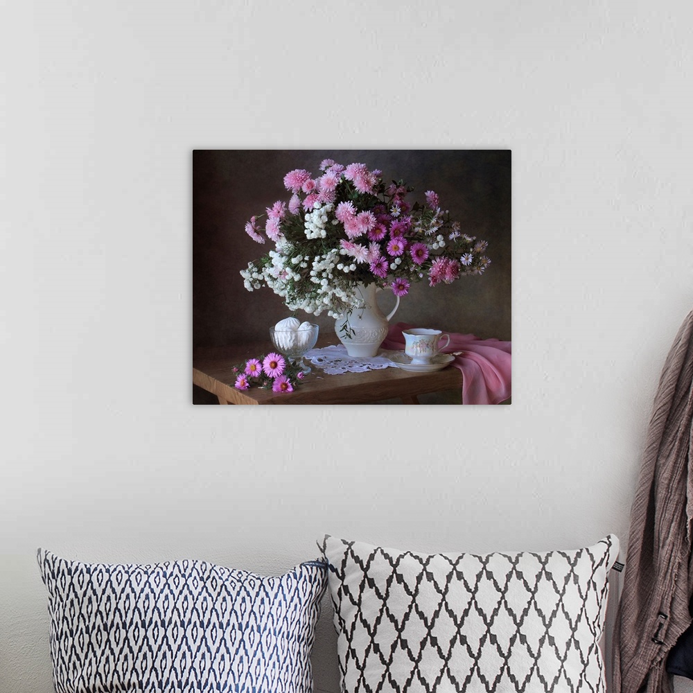 A bohemian room featuring Still Life With Chrysanthemums