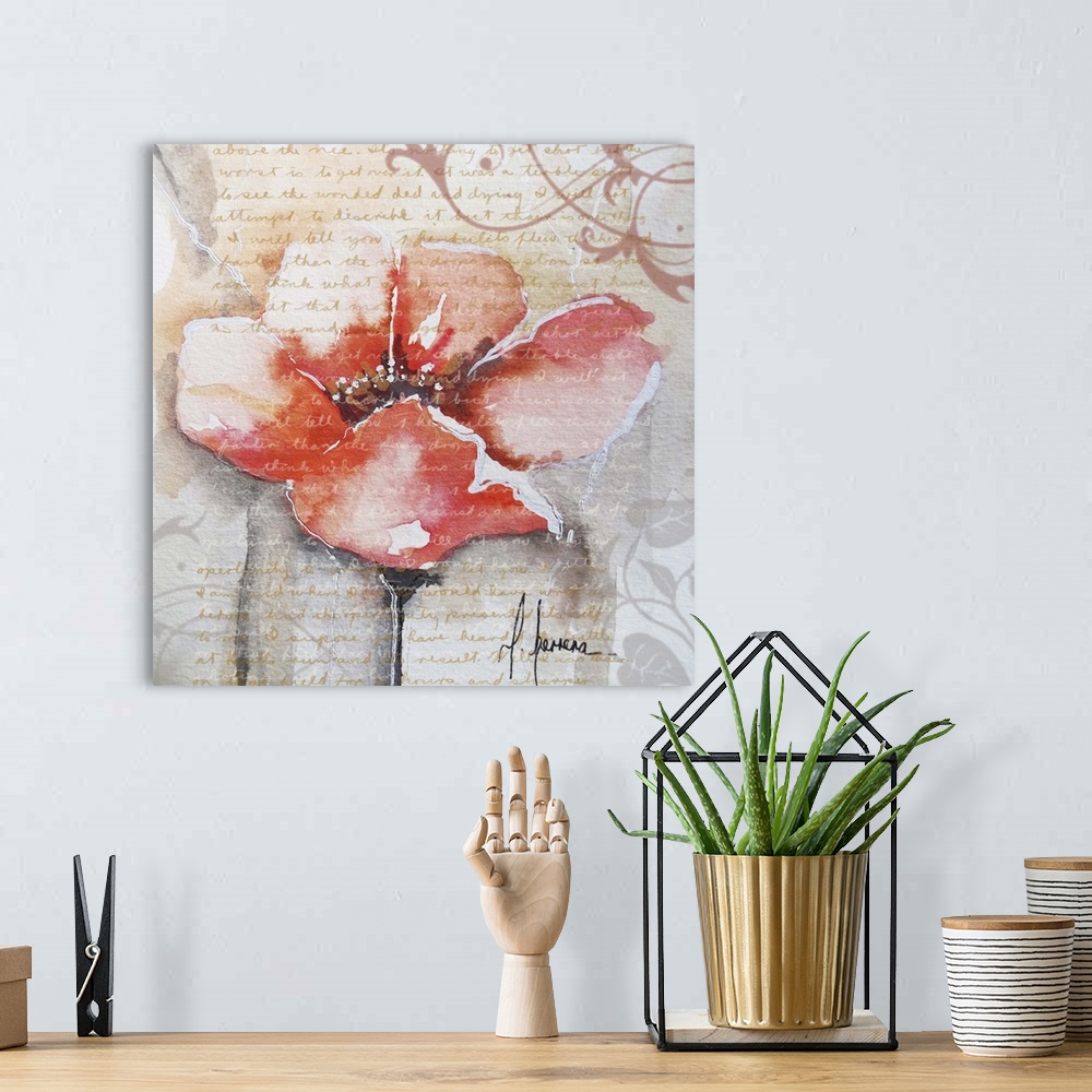 A bohemian room featuring Contemporary painting of an orange poppy flower embellished with handwriting and swirls.