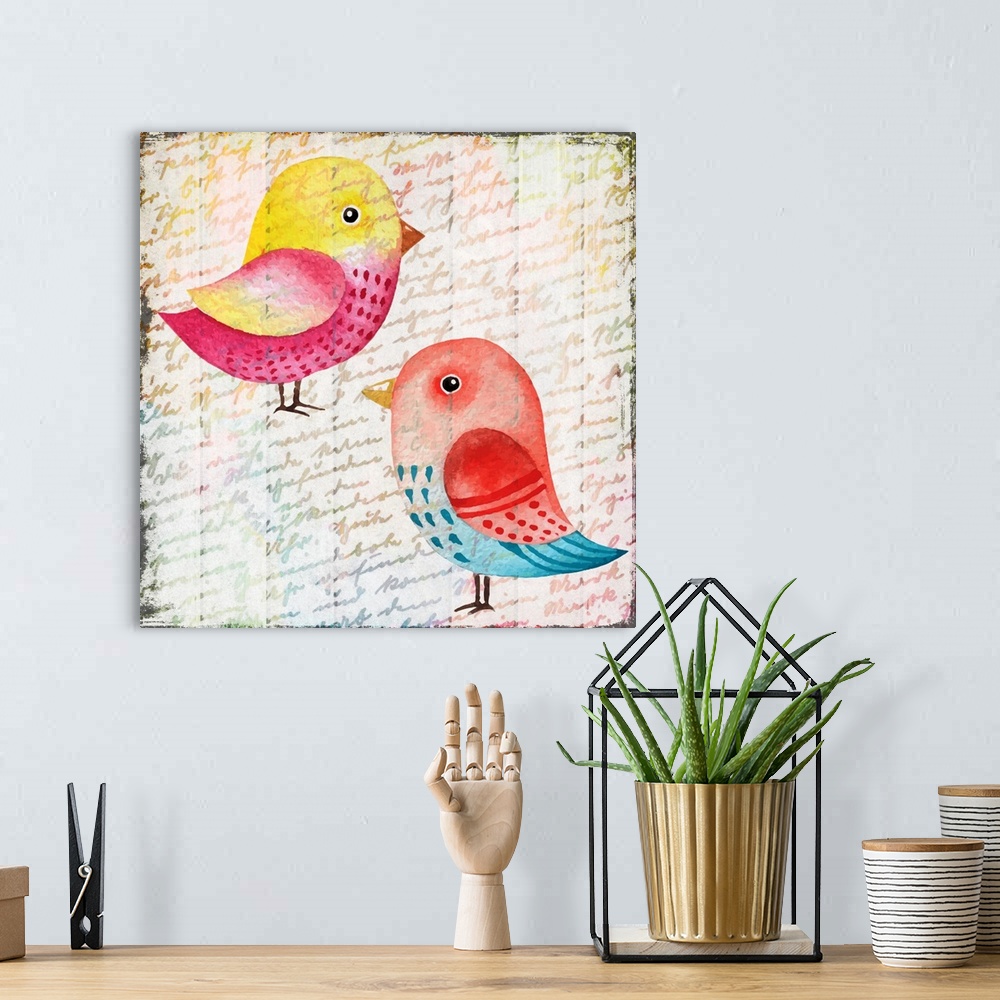 A bohemian room featuring A colorful painting of two birds on a handwritten background.