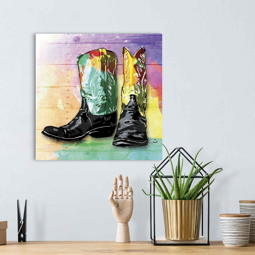 A bohemian room featuring A painting of colorful cowboy boots on a multicolored wood paneled background.