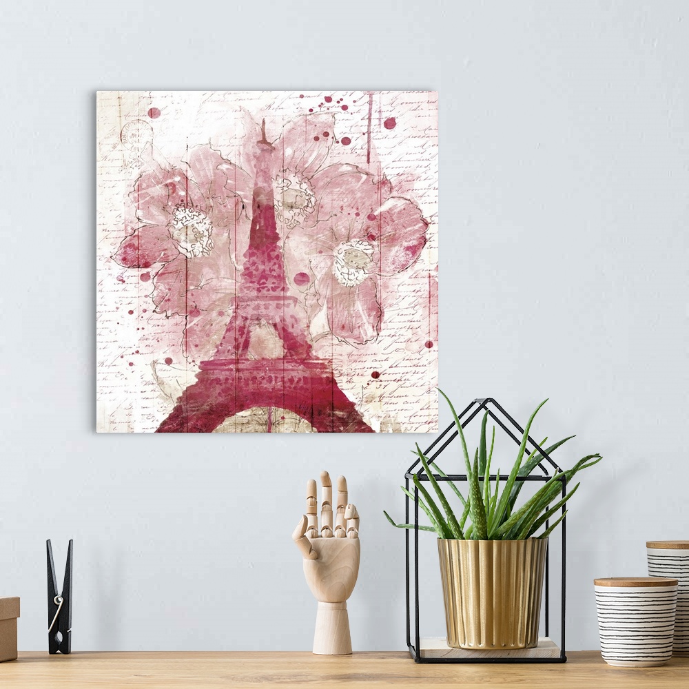 A bohemian room featuring The shape of the Eiffel Tower in pink with watercolor flowers and paint drips.