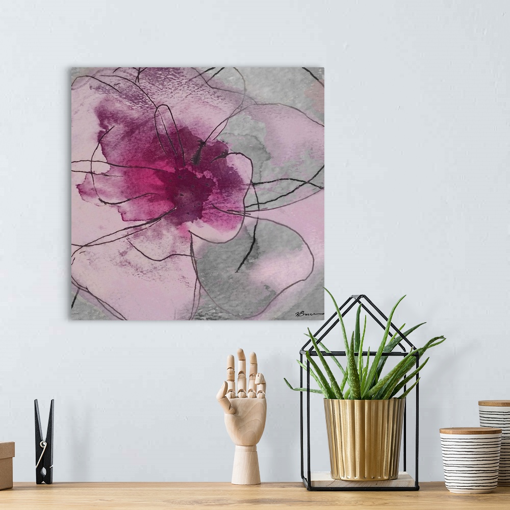 A bohemian room featuring Contemporary home decor artwork of pink abstract flowers.