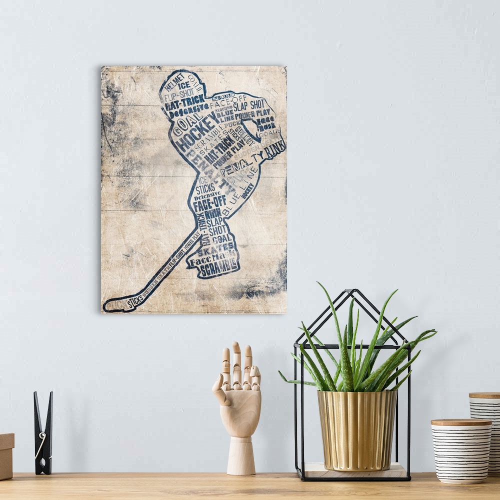 A bohemian room featuring Hockey player composed of different styles of text against a weathered neutral background.