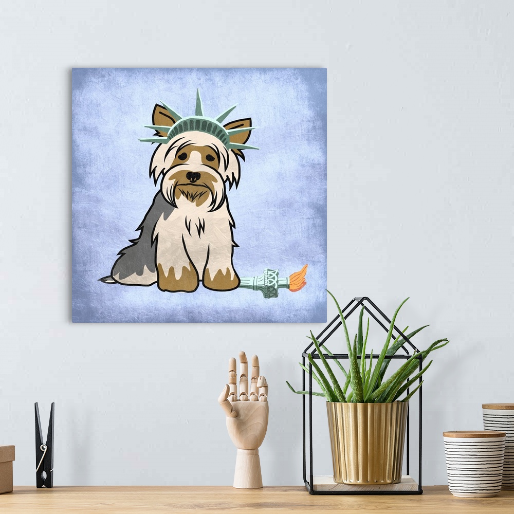 A bohemian room featuring A painting of a yorkie dressed up like the Statue of Liberty.