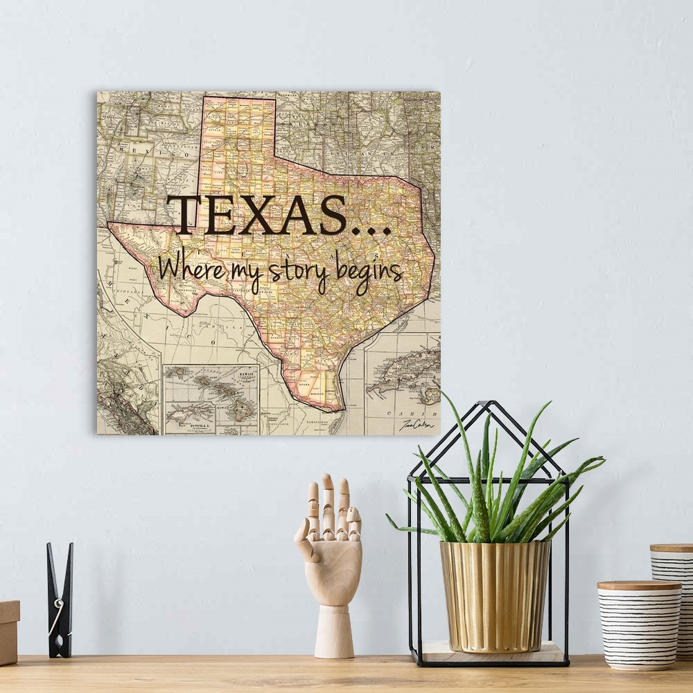 A bohemian room featuring Black text over a map of the state of Texas.
