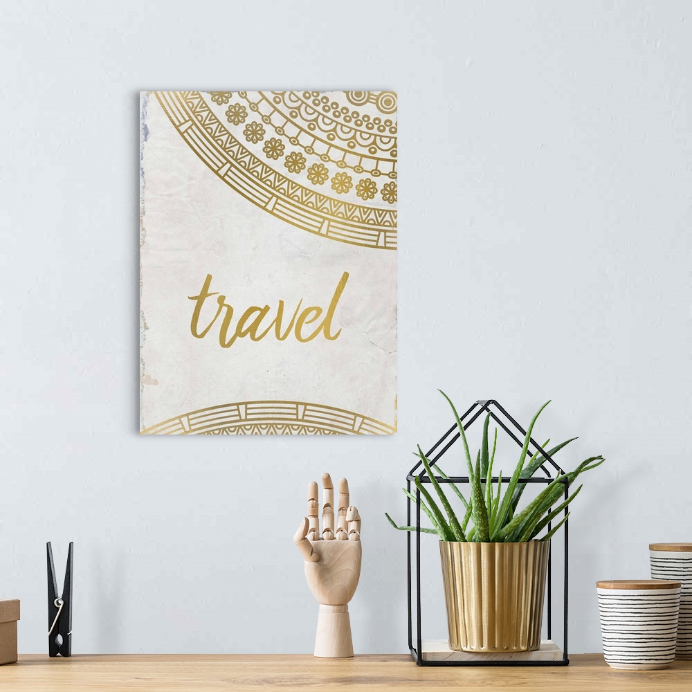 A bohemian room featuring Intricate golden mandala patterns framing the word "Travel."