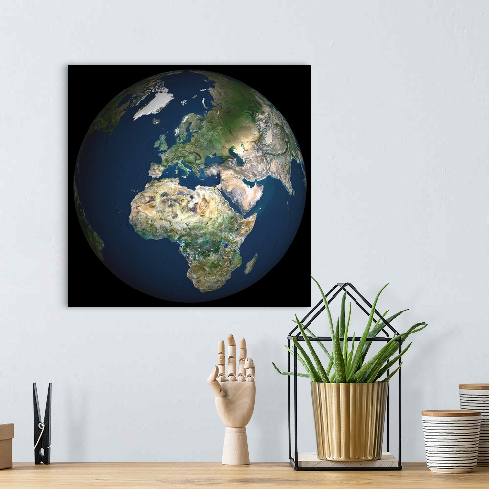 A bohemian room featuring Globe Europe, True Colour Satellite Image. True colour satellite image of the whole earth, showin...