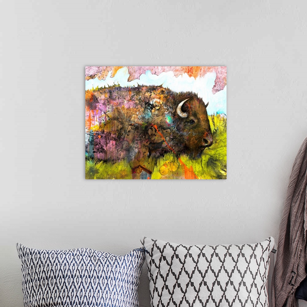 A bohemian room featuring Illustration of a buffalo with colourful splashes and landscape