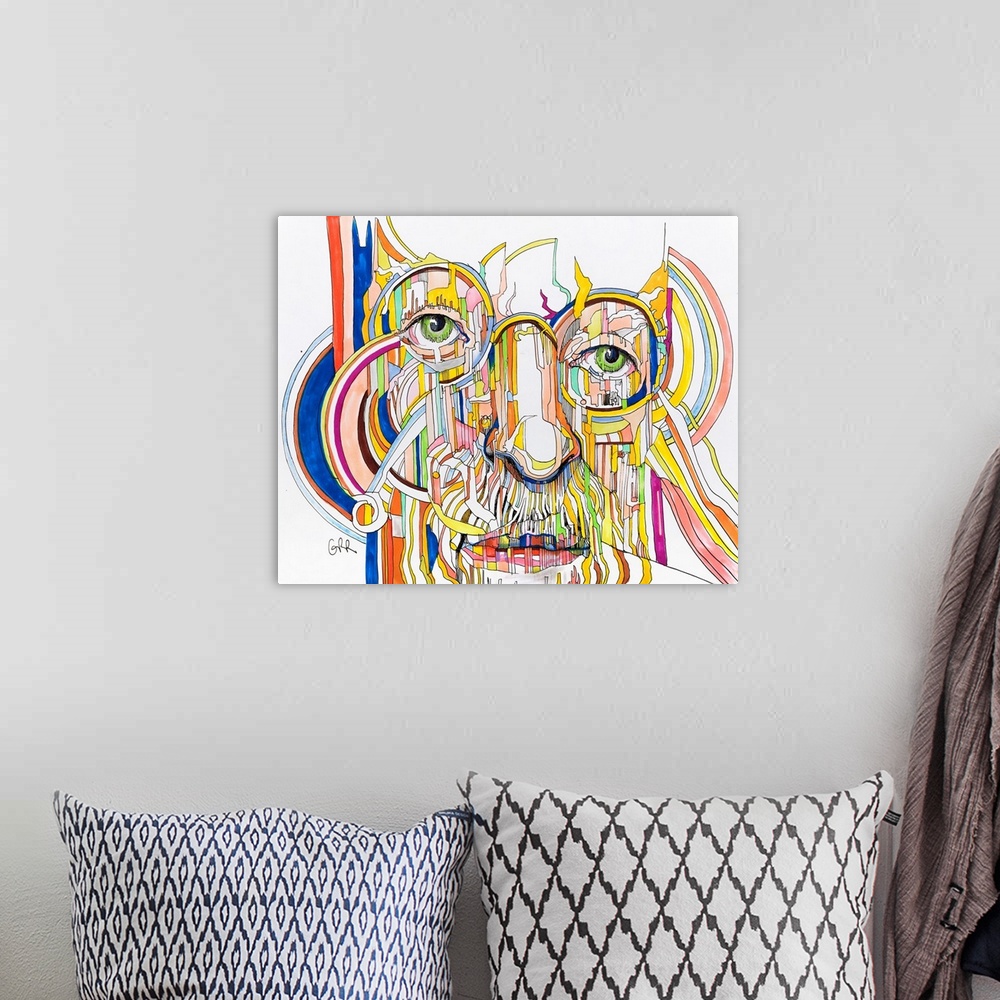 A bohemian room featuring Illustration Of A Man's Face Covered With A Colourful Pattern Of Lines.