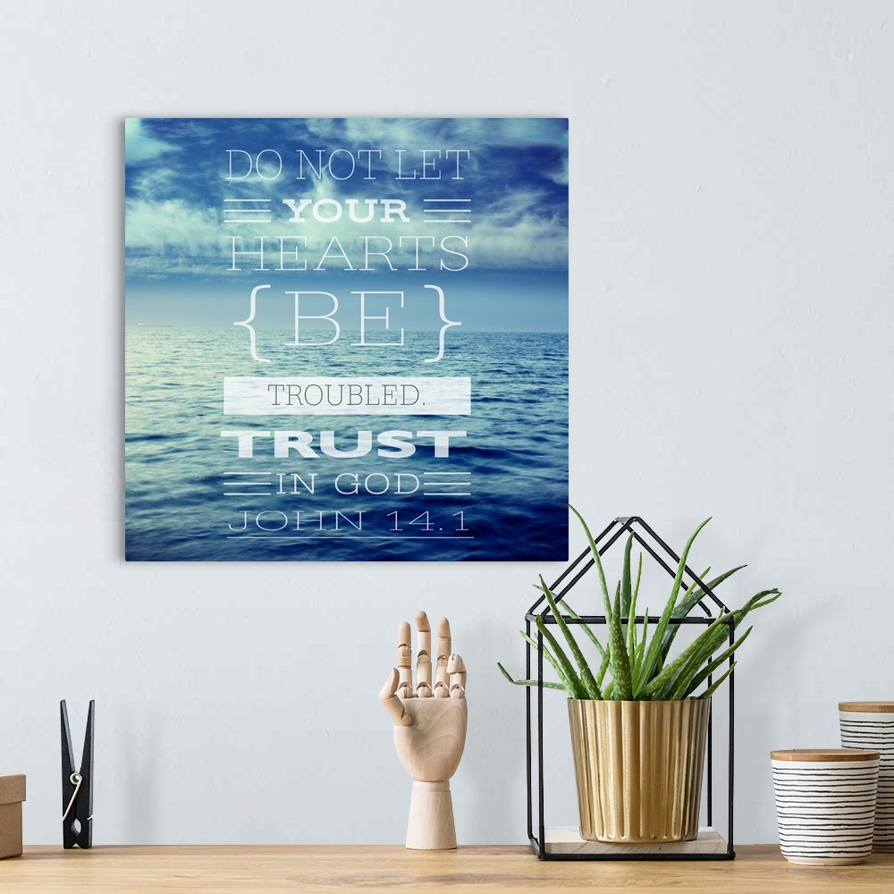 A bohemian room featuring Image Of A Seascape Of Blue Water And Blue Sky With Cloud And A Scripture From John 14:1