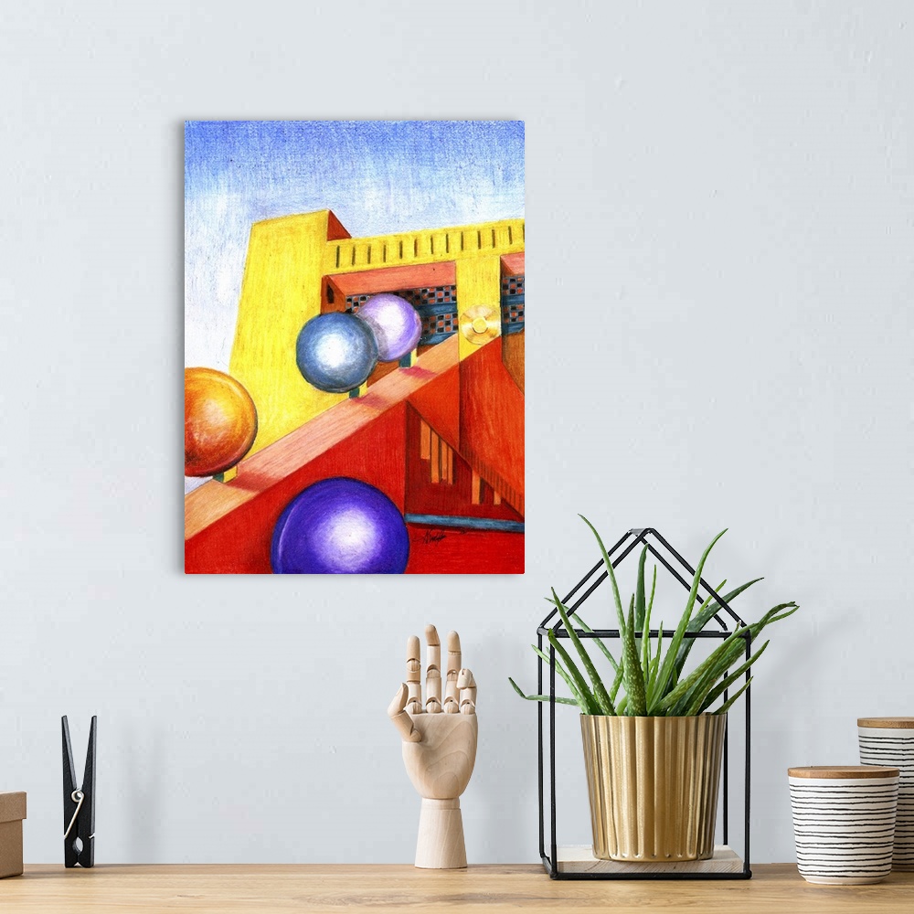 A bohemian room featuring A colorful vertical painting of a building with circular shapes.