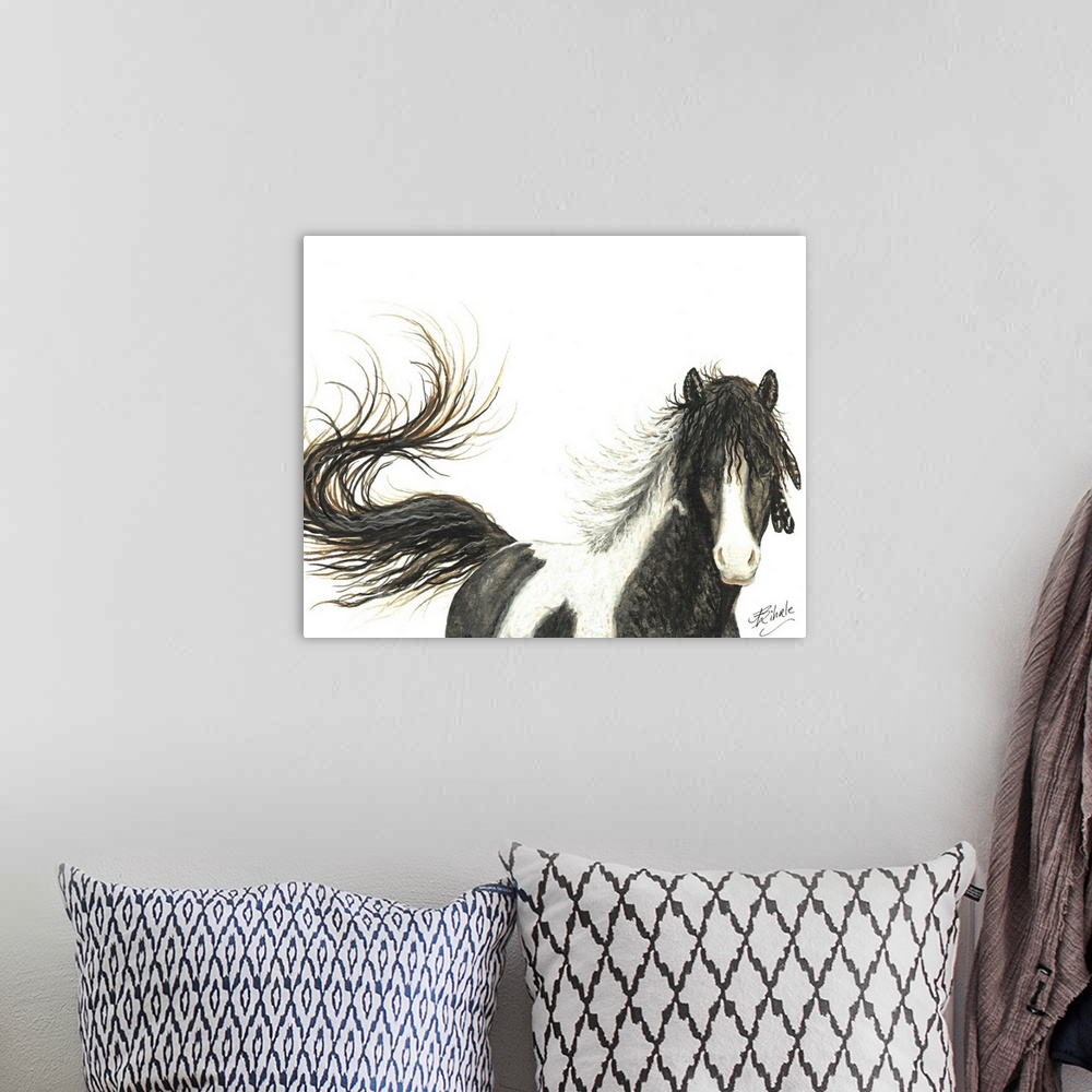 A bohemian room featuring Majestic Series of Native American inspired horse paintings of a pinto mustang.