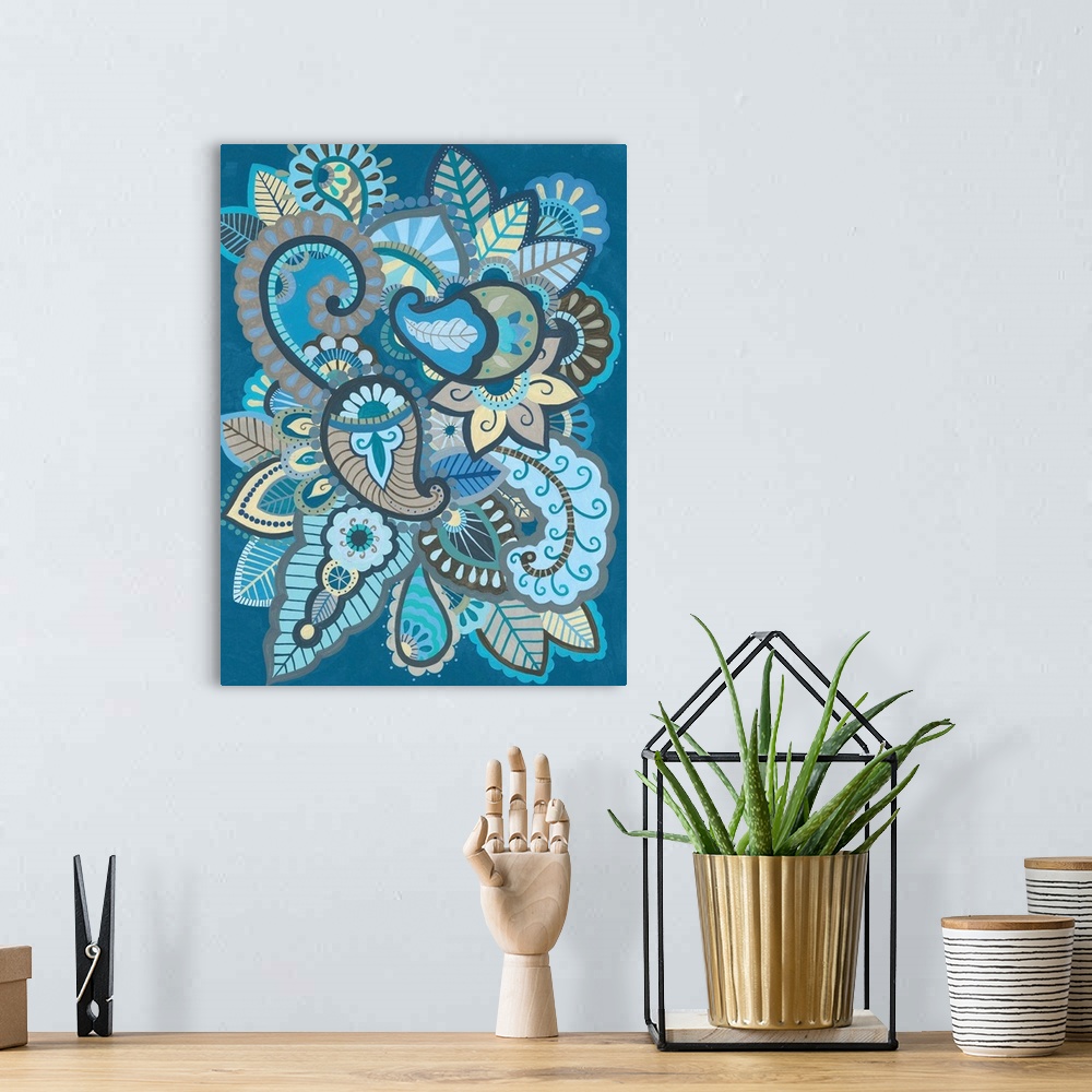 A bohemian room featuring Cool-toned design featuring a group of paisley leaves swirling around each other.