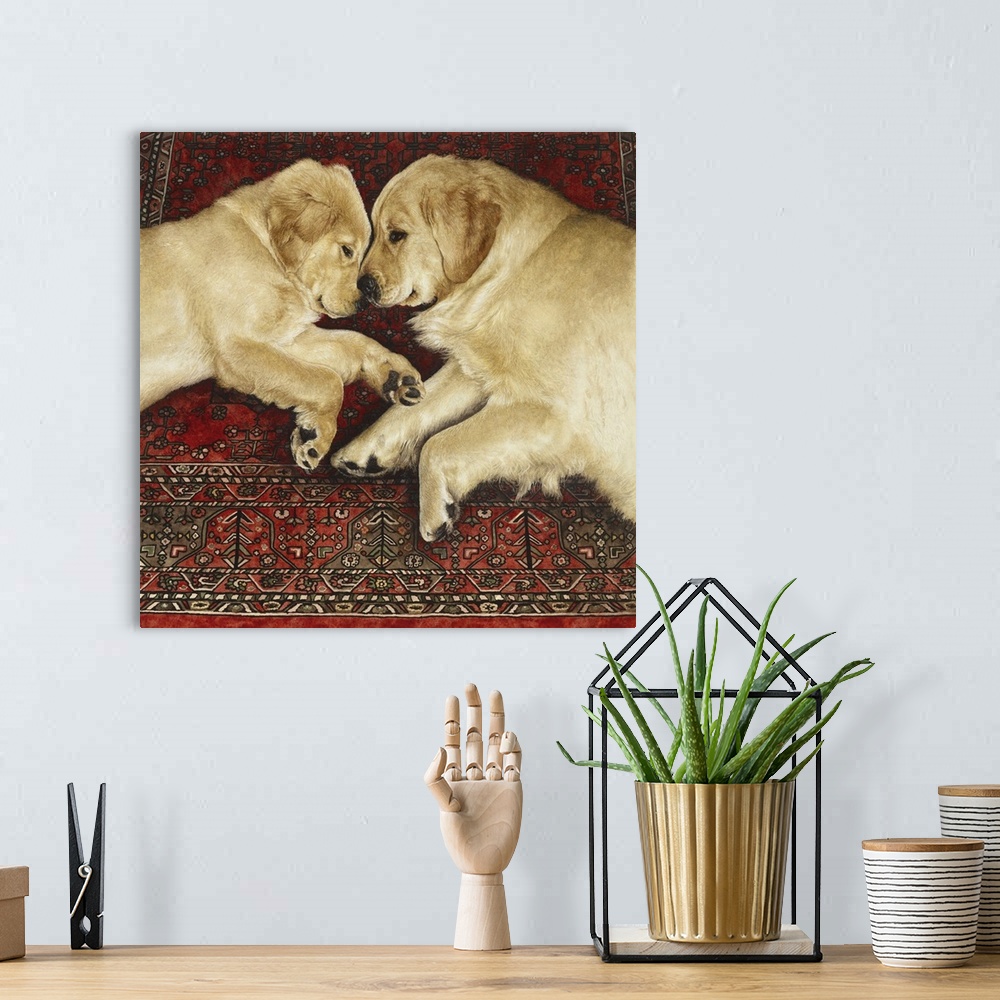 A bohemian room featuring An image of two yellow Labradors facing each other while laying of a rug.