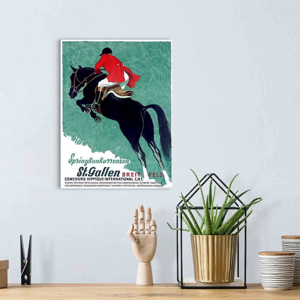 A bohemian room featuring Classic promotional piece for Concours Hippique International in St. Gallen featuring a rider on ...