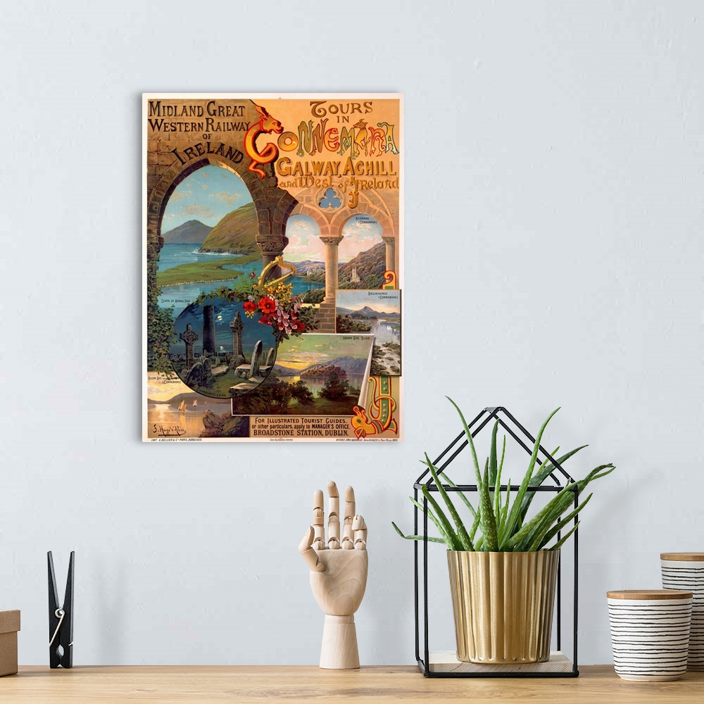A bohemian room featuring Tall antiqued poster of a collage of different Irish landscapes.