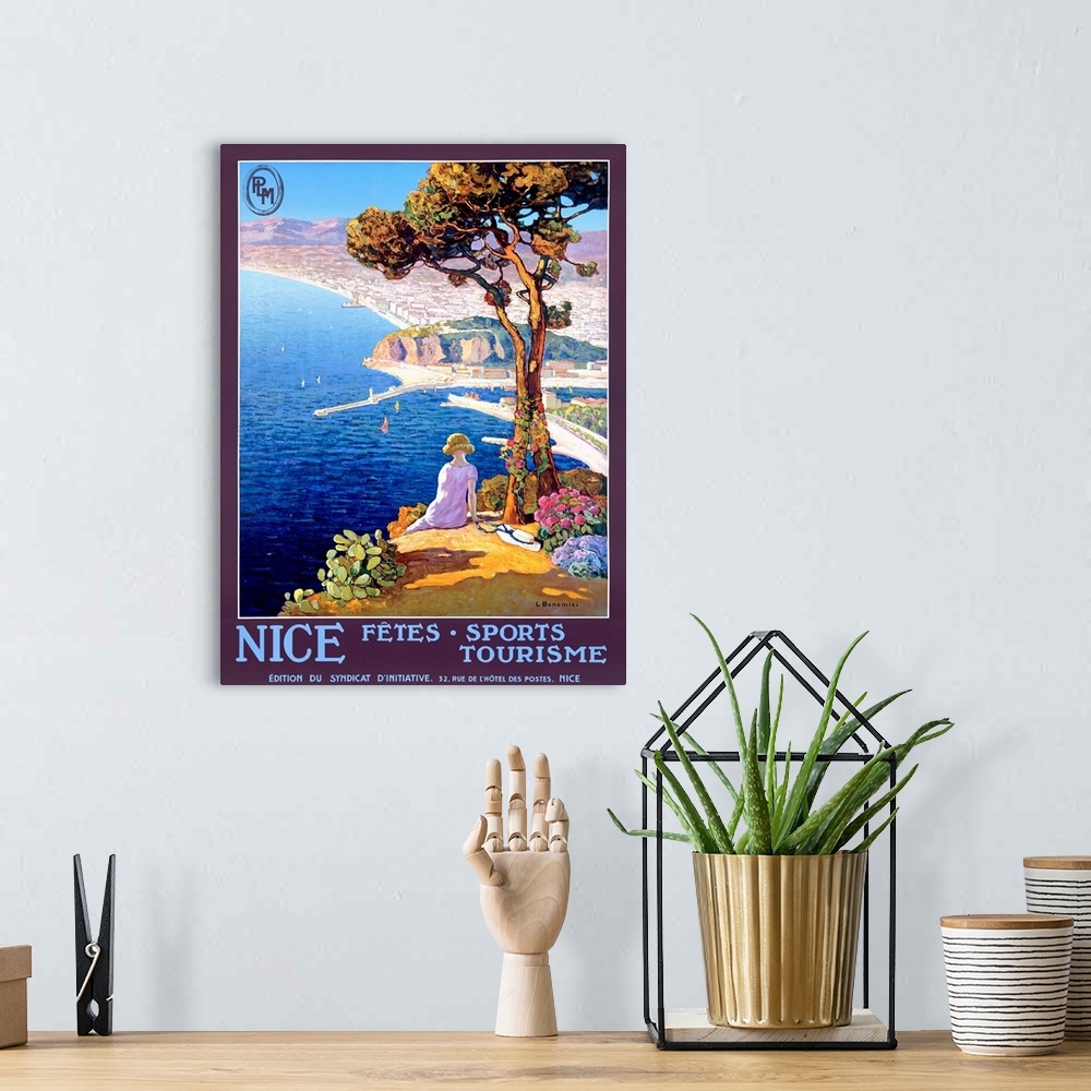 A bohemian room featuring Vertical, large vintage advertisement for the Festival of Sports and Tourism in Nice.  Woman sitt...