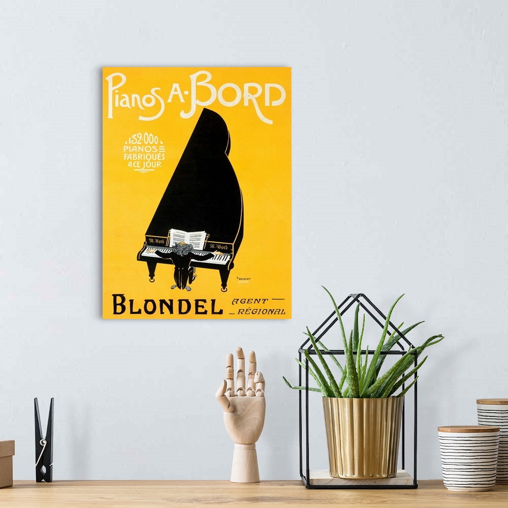 A bohemian room featuring This vertical art work is an Art Nouveau poster advertising a piano player performing an enormous...