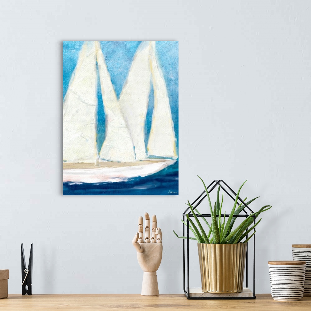 A bohemian room featuring Up-close painting of boat on ocean with huge sails.