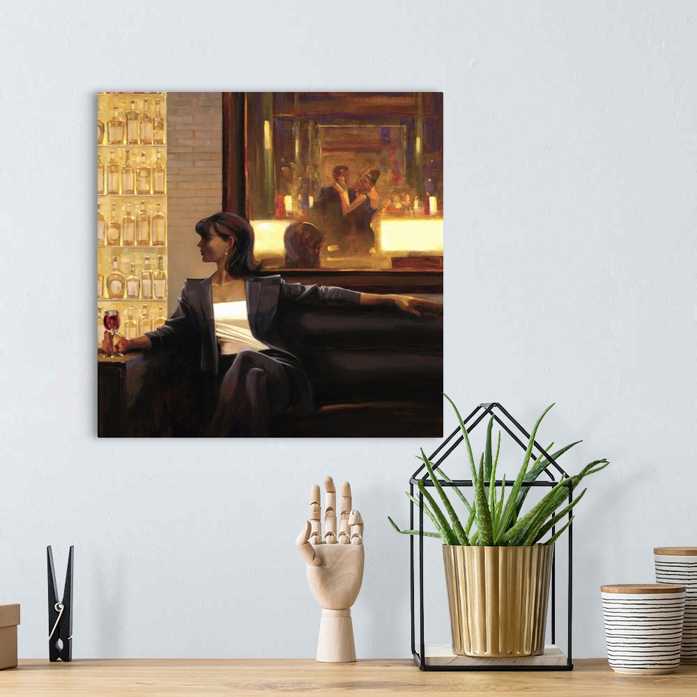 A bohemian room featuring Contemporary painting of woman sitting on sofa in a lounge holding a drink in her hand.